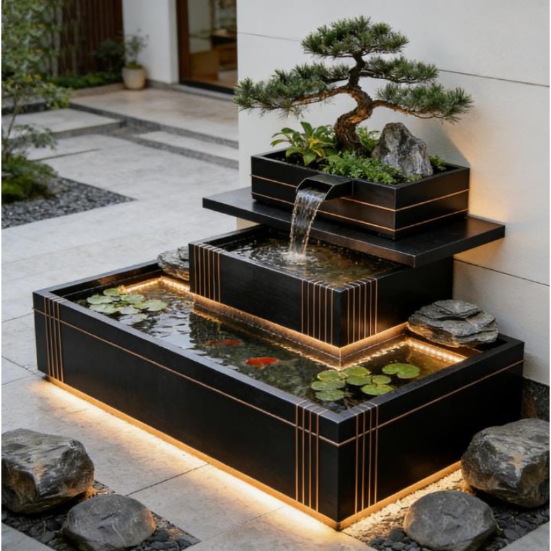 Bonsai Garden With Koi Pond - Paslanmaz Çelik Şelale Özelliği - Lüks